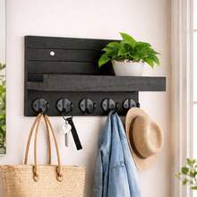 Wall Key Holder With Shelf - Rustic Wooden Mail Organizer With 5 Hooks For Entryway Storage Modern Farmhouse Home Decor Living Room Apartment Essentials - 1 Pack - View 11