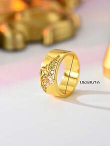 1枚闪亮叶子造型戒指，镶嵌奢华锆石的宽戒圈，时尚复古风格，适合日常佩戴或派对场合，现代优雅的装饰 - 金色 - 查看 4