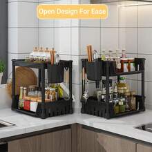 1pc Kitchen Sink Organizer Rack, Double-Tier Sliding Storage Shelf, Easy To Clean, Suitable For Kitchen Cabinet, Kitchen Supplies, Storage Box, Organizer, Room Decor, Applicable For Kitchen, Dining Room, Party, Camping, Gathering, Can Be Used As Friend Gift, Household Gift, Easter And Mother's Day Gift - Black - View 4