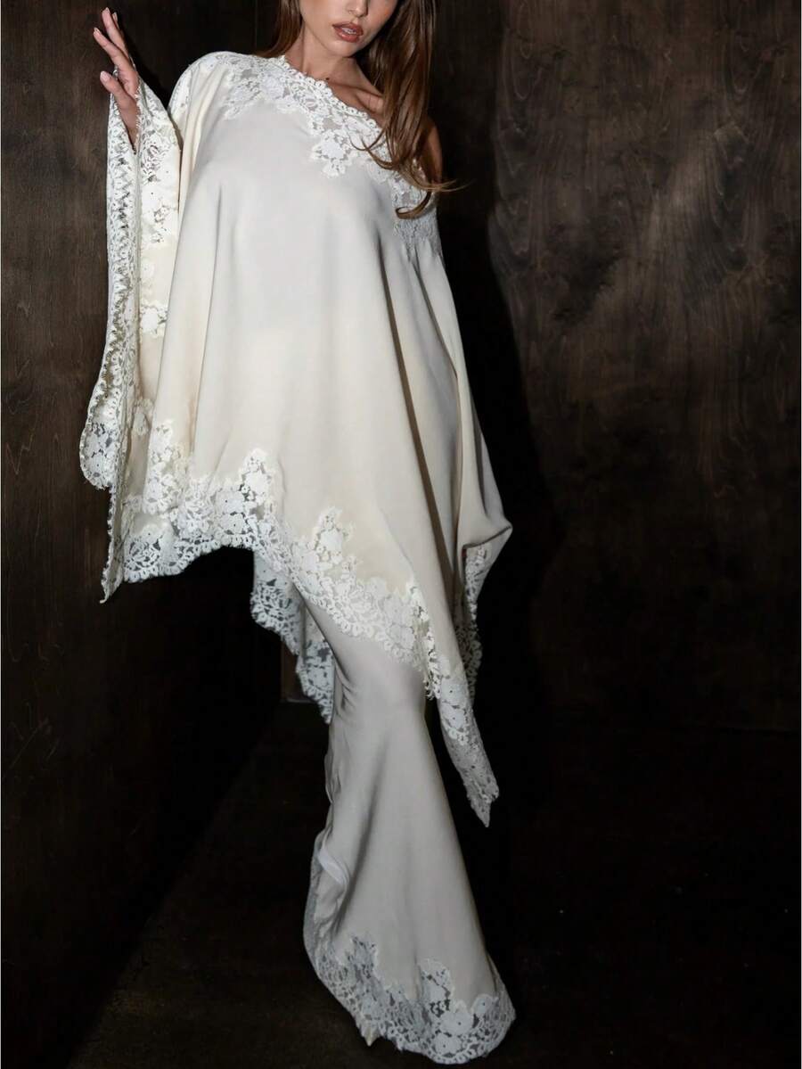 Women's Off One Shoulder Tops Elegant Solid Color Lace Trim Long Sleeve Loose Fit Satin Blouse For Casual Daily Wear - 白色 - 查看 1