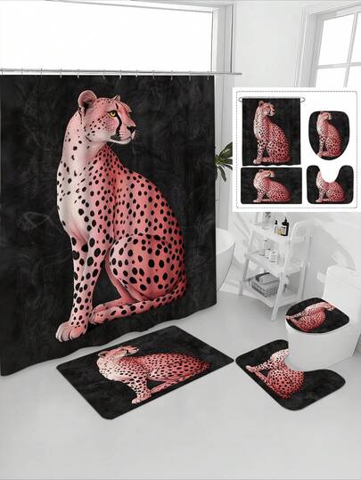 1/4件套时尚粉色豹纹防水浴室帘套装，包含浴帘、防滑浴垫、马桶盖，耐用涤纶材质，数码印花，可机洗，适合所有季节和节假日。
