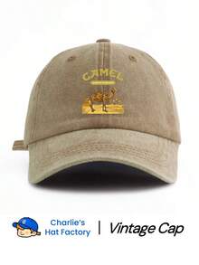 1pc Unisex Vintage Washed Baseball Cap - Retro Camel & Pyramid Pattern - Provides Earthy Tones (Navy Blue, Black, Khaki, Coffee) And Vibrant Colors (Burgundy, Light Pink, Orange) - Soft "Denim Look" Dad Hat Suitable For Outdoor Adventure And Gifts - 駱駝 - 查看 6