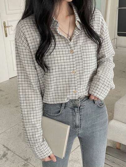 Vintage Niche Ins Style Wrinkle Plaid Long Sleeve Polo Shirt Women Casual Jacket