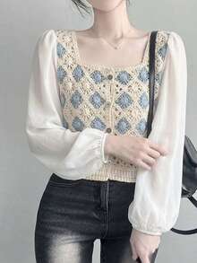 New Arrival Summer Casual Colorblock Crochet Patchwork Long Sleeve Cropped Shirt - Apricot - View 6