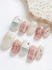 10片极简清新ins甜美可爱Y2K手绘格子蝴蝶结3D樱桃冰淇淋短款可佩戴美甲贴纸，按压式美甲 - 彩色 - 查看 2