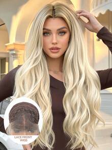 26英寸渐变金色波浪卷蕾丝前假发，耐热合成纤维，适合女性日常佩戴、角色扮演、派对等场合，自然逼真，透气帽设计，长款铂金色波浪假发 - 漸變金色 - 查看 1