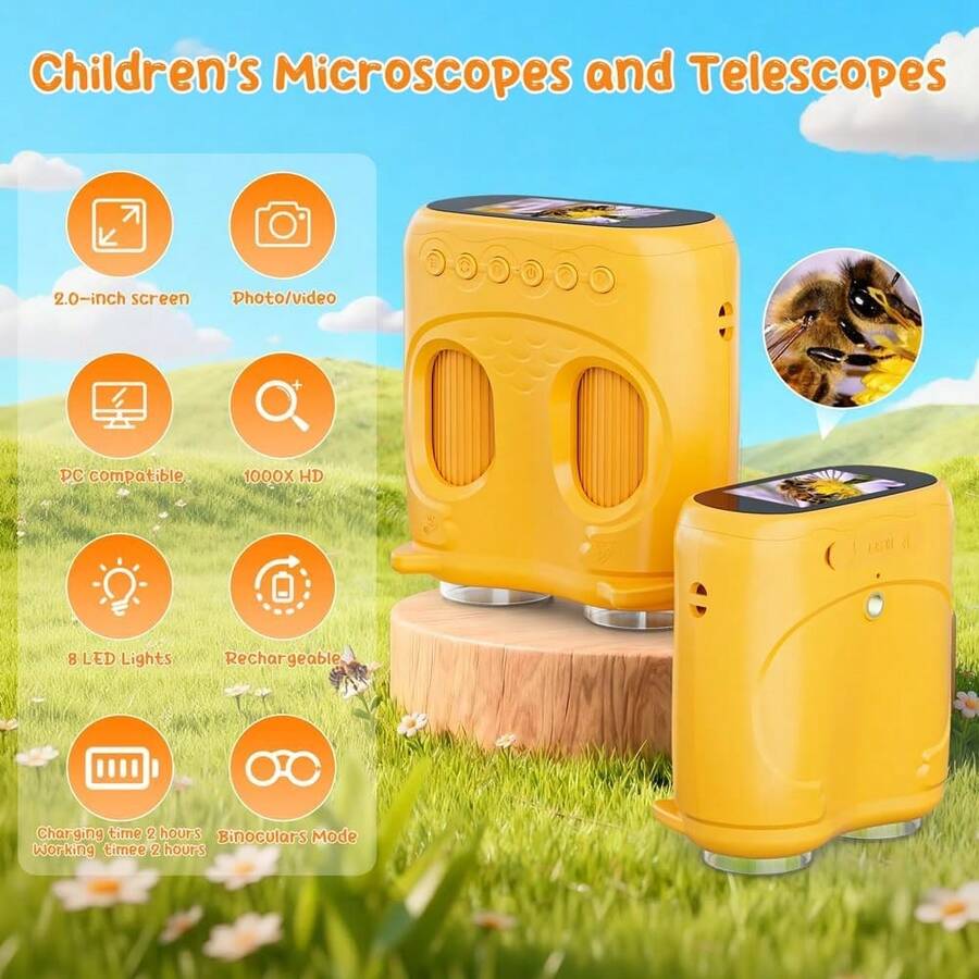 2-In-1 Kids Microscope Telescope,2.0" 1000X Digital Microscope For Kids, HD Portable Education Telescope For Kids Birthday Festival Gift, Science Fun Toys For Children Age 4-12 Yellow - Orange - View 1