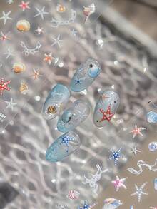 1片夏季深海海星贝壳美甲贴纸，美甲师必备，5D立体浮雕炫彩海星贝壳珊瑚美甲装饰设计，自粘式美甲贴纸，DIY美甲，女士美甲配饰礼品，海洋透明风格美甲贴纸 - 彩色 - 查看 7