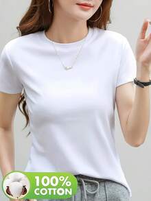 1 Piece. Basic Style: Exquisite And Simple T-Shirt, Round-Neck Short-Sleeve Solid Color T-Shirt, Suitable For Daily Commuting, Light Business Occasions, Easy To Match, Women's Clothing, Minimalist Wardrobe, Casual Wear, Classic T-Shirt, Fresh Aesthetic, Comfortable Fit. Comfortable Fabric - trắng - Xem 3