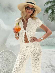 Bộ đồ nữ mùa hè gợi cảm gồm áo cardigan và quần ngắn tay dệt kim lưới khoét lỗ - Bộ đồ 2 món đi nghỉ mát cho nữ, bộ đồ dệt kim ôm sát gợi cảm chống nắng dành cho câu lạc bộ. - Màu be - Xem 5