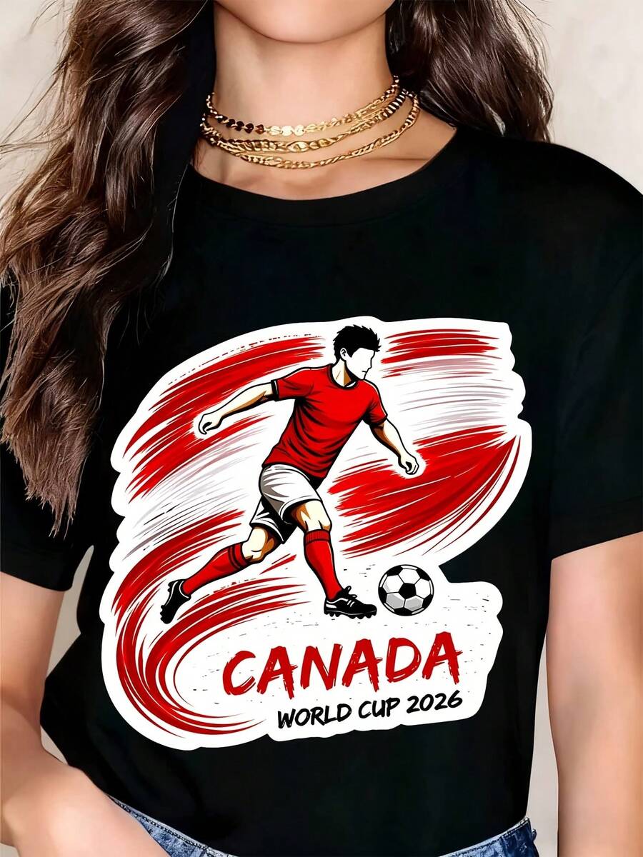 Canada World Cup 2026 Soccer Player Graphic T Shirt Black Red And White Print Sport Event Fan Apparel For Men Women Unisex Casual Wear - 黑色 - 查看 1