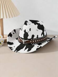 Mũ cao bồi unisex bằng polyester in hình bò sữa - đính đinh tán da và trang trí đầu lâu bò, thích hợp cho cưỡi ngựa, du lịch ngoài trời, tiệc cao bồi và sử dụng hàng ngày. - Mũ bò trắng hình tam giác - Xem 9