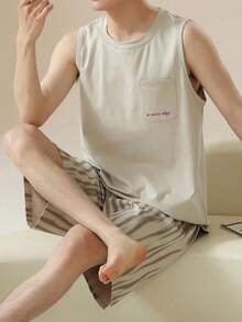 AICJ 2pcs Men Solid Color Casual Loose Minimalist Letter Print Tank Top & Shorts Pajama Set For Spring & Summer - Khaki - View 3