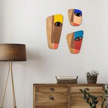 3 piezas Decoración de pared de madera con forma de cara, estilo cubista y diseño geométrico de retazos de colores, adecuado para decoración de fiestas, decoración de pared, dormitorio, baño, regalo perfecto para familia y amigos - Multicolor - Ver 5