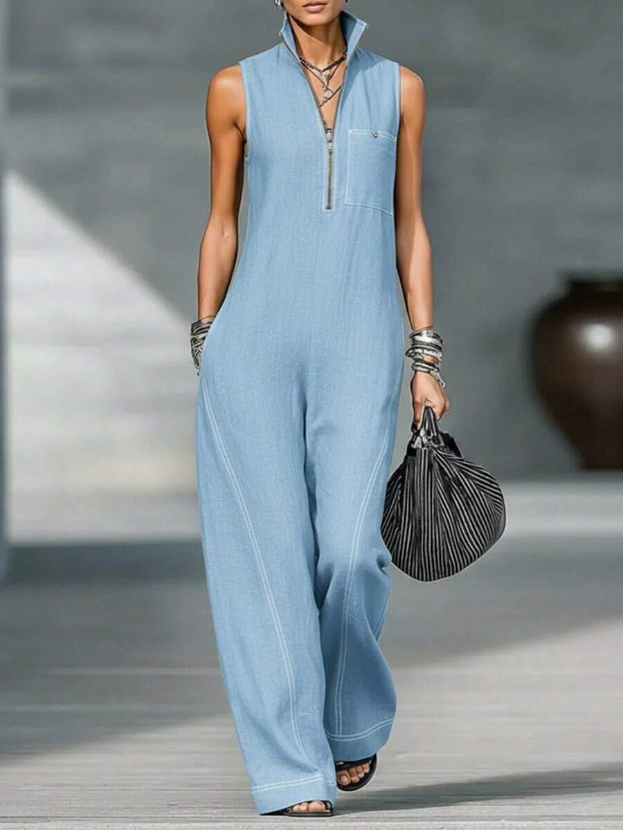 2026 New Model European And American Women's Stand Collar Sleeveless Casual Loose Cotton-Linen Jumpsuit, Elegant Women's Outfits - 天藍色 - 查看 1