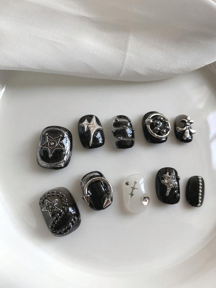 10 móng tay giả kiểu Gothic đen bạc hình ngôi sao 3D bằng kim loại | Bộ móng giả ngắn phong cách Y2K Punk ngọt ngào cá tính cho tiệc tùng và sử dụng hàng ngày - Nhiều màu - Xem 1