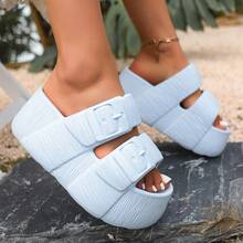 黑色EVA厚底女款拖鞋，雙可調式綁帶防滑室內/室外穿著，水波紋紋理雙扣設計，舒適增高顯瘦，百搭休閒戶外穿搭，夏季海灘度假涼爽，時尚Ins風露趾涼鞋 - 淺藍色 - 查看 7