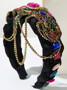 1条黑色缎面编织宽发箍，复古奢华多色宝石链优雅流苏头饰，女士高端派对/宴会配饰发带发箍，夏季、假日、旅行 - 彩色 - 查看 1