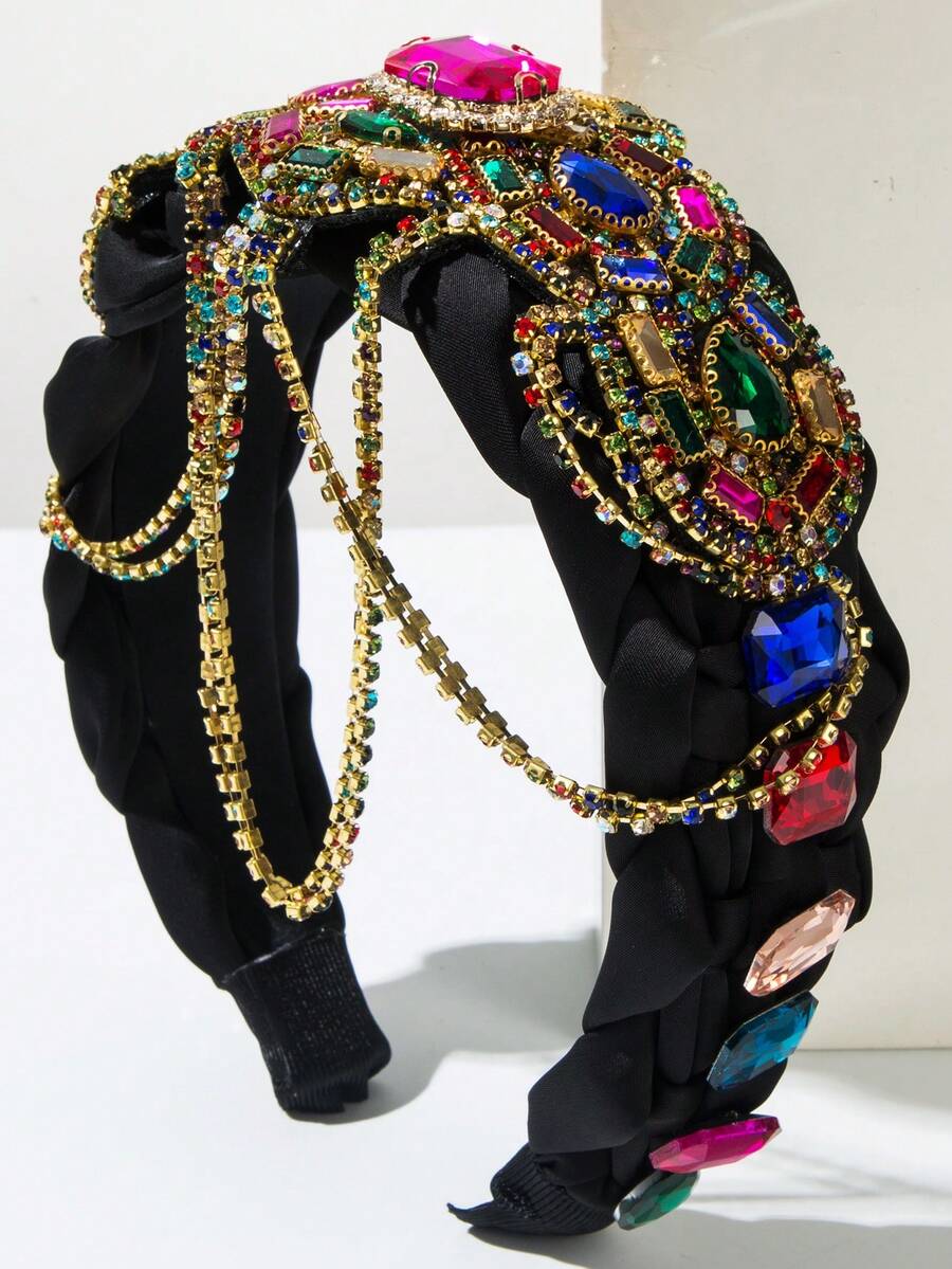 1条黑色缎面编织宽发箍，复古奢华多色宝石链优雅流苏头饰，女士高端派对/宴会配饰发带发箍，夏季、假日、旅行 - 彩色 - 查看 1