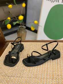 Giày sandal quai mảnh gót chunky kiểu cổ tích mùa hè 2026 mới, giày La Mã có nhẫn ngón chân dành cho nữ - màu đen - Xem 5