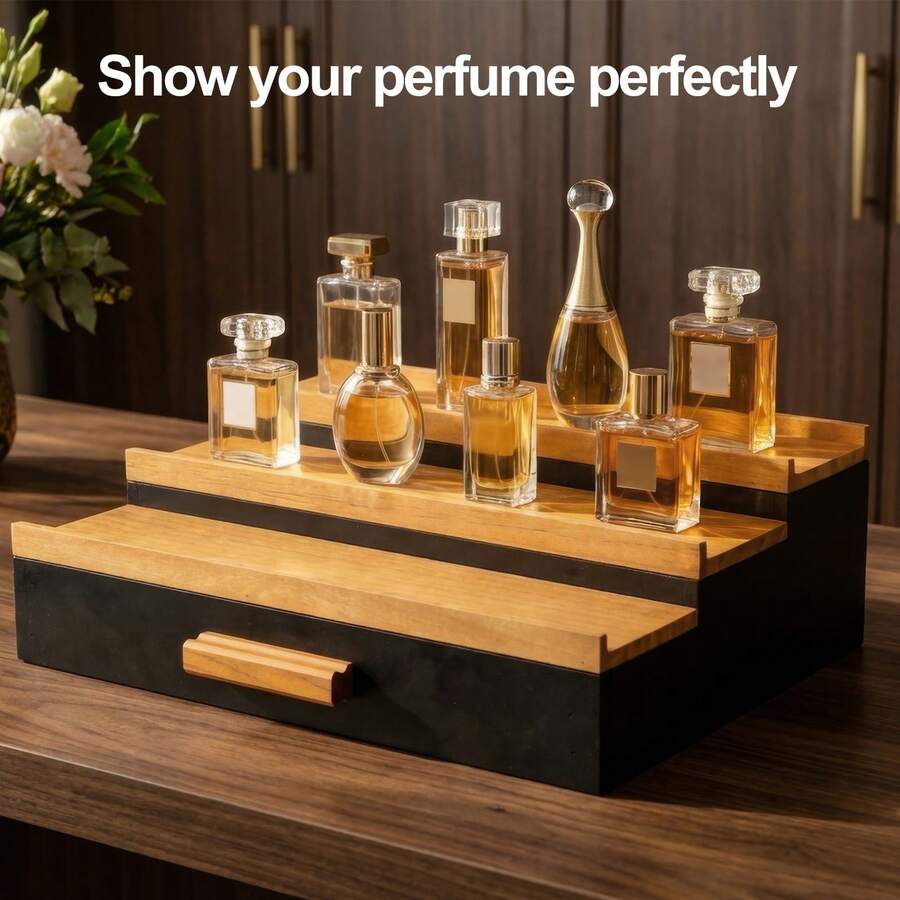 3-Tier Wooden Cologne Organizer For Men, Perfume Display Shelf With Drawer Storage, Vanity & Countertop Fragrance Rack - 黑色 - 查看 1