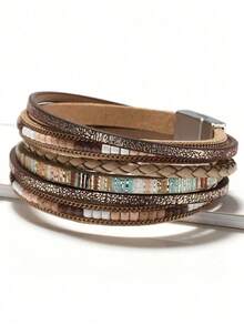 1pc European And American Style Zinc Alloy & Pu Leather Magnetic Clasp Khaki Bracelet For Women's Fashion And Commuting - 卡其色 - 查看 4