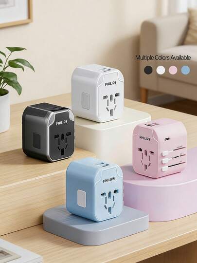 PHILIPS Bộ chuyển đổi nguồn du lịch toàn cầu di động (Model: SPS1001A/93) - Bộ chuyển đổi nguồn theo tiêu chuẩn Anh, Nhật Bản, Châu Âu và các tiêu chuẩn quốc tế khác, phù hợp với hơn 200 quốc gia và vùng lãnh thổ trên toàn thế giới. Công nghệ sạc nhanh USB-C được nâng cấp, công suất đầu ra cao và chức năng kép; tương thích với máy tính xách tay, điện thoại thông minh và các thiết bị khác.