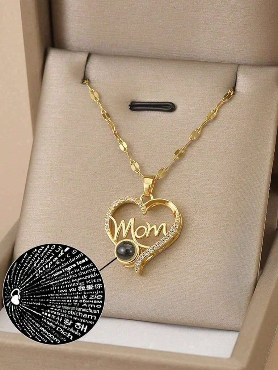时尚水钻心形不锈钢项链，可刻100种语言的“我爱你”，黄金首饰，金项链，母亲节礼物，送给父母、爱人、生日的礼物 - 金黃色 - 查看 1