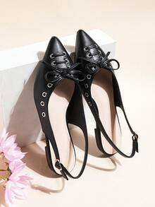 2026 New Black Flat Pointed Toe Bowknot Slip-On Sandals For Women - Black - View 4