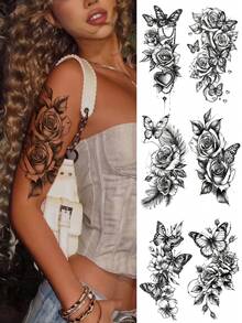 6pcs Flower Tattoo Stickers, Black Rose Pattern, Realistic & Durable Waterproof Fake Tattoo Stickers For Women, Arm Sketch Tattoo Stickers, Suitable For Daily Makeup, Festivals And Parties - Black - View 13