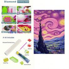 1pc Large Size 5D Round Crystal Diamond Painting, Featuring Dreamlike Starry Countryside Landscape In Van Gogh Style Brushstrokes. Handcrafted Diamond Embroidery, Therapeutic Process, Brilliant 3D Finish, Suitable For Home Wall Decor, Also An Excellent Gift Choice For Halloween And Christmas, Frameless - round diamond - View 3