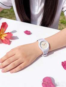 1 pieza Correa geométrica triangular blanca, esfera de trébol de cuatro hojas, reloj de niños a prueba de agua de gelatina, estilo INS, reloj de moda para estudiantes niñas, regalo para adolescentes - Blanco - Ver 5