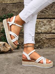 White Criss-Cross Woven Platform Sandals For Women, Summer One-Strap Thick Bottom Roman Shoes - 白色 - 查看 5