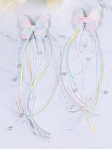 2PCS Gradient Glitter Butterfly Hair Bows For Girls Dreamy Gradient Sequins Bow Hair Clips Macaron Gradient Satin Ribbon Tassels Bow Alligator Clips Elegant Bead Chain Hair Barrettes For Holiday And Party Teens Hair Accessories - Multicolor - View 10
