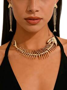 2pcs Punk Style Elegant Gold-Plated Alloy Rhinestone Fish Bone Necklace & Earrings Set, Party, Banquet, Street Fashion Jewelry - Yellow Gold - View 5