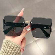 Square Large Frame Rimless Fashion Glasses With Rivet Decoration, Gradient Lenses, Thick Temple Design, Accessory For Street Photography And Parties - 灰粉紅色 - 查看 3