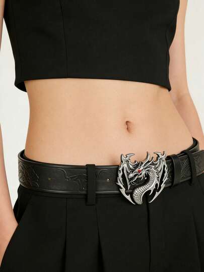 A Punk-Style Dragon Belt With Dark Embossed Design And Unique Buckle Accessories.