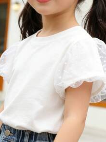 Kaos Lengan Pendek Warna Polos Lucu dengan Hiasan Renda untuk Anak Perempuan Usia 4-7 Tahun, Fesyen Musim Panas - Putih - View 5