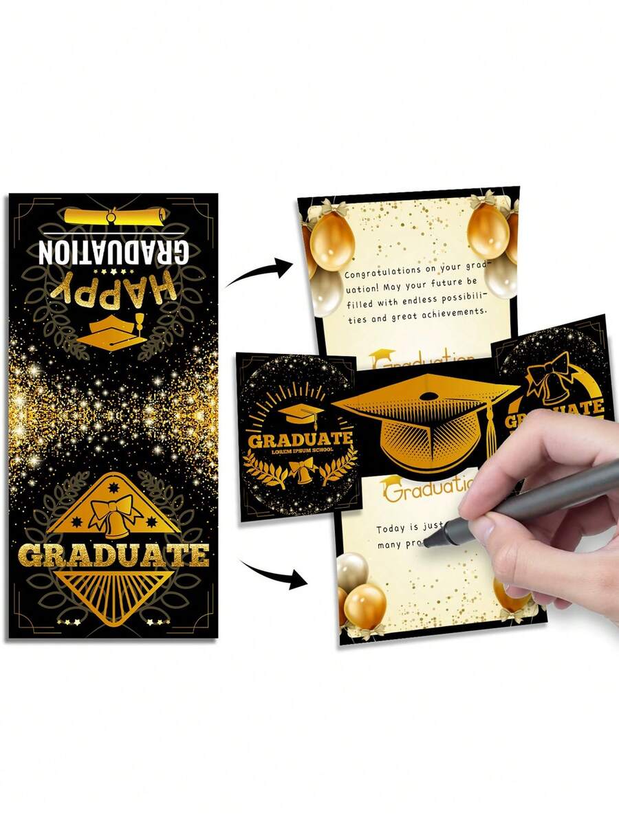 1pc Creative Handwritten Blessing Message Black & Gold Graduation Cap Gift Card, Foldable Graduation Card, Graduation Greeting Card, Black & Gold Graduation Card, Graduation Party Invitation Card, Graduation Photo Prop, Bachelor Cap Shaped Card, Black & Gold Foldable Graduation Card
