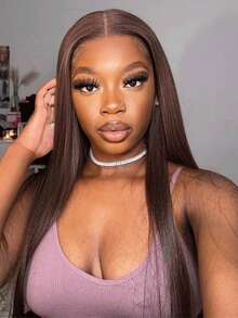 5x5蕾丝前假发，200%密度蕾丝前假发，预先拔毛，无胶假发，直发人发混纺，哈里棕色蕾丝前假发，13x4、5x5、13x6高清蕾丝前假发，自然蕾丝闭合假发，适合，26英寸 - 棕色 - 查看 10