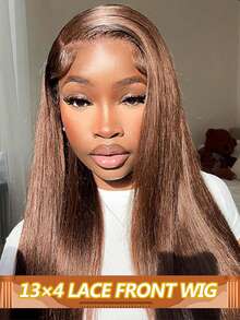 13x4棕色蕾丝前假发，真人发直发蕾丝前假发，预先拔毛发际线，4号，适合日常派对使用 - S4 - 查看 2