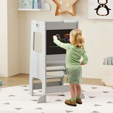 COSTWAY Toddler Kitchen Step Stool, Children Standing Tower With Activity Chalkboard, Adjustable Height And Safety Rail, Wooden Kitchen Stool Helper For Kids 3+, Grey - Grey - View 4
