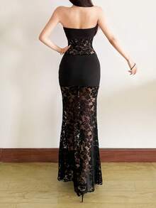 YeonC 女士性感无肩带修身长裙，精致蕾丝装饰半透明鱼尾裙摆，弹力优雅派对礼服 - 黑色 - 查看 2