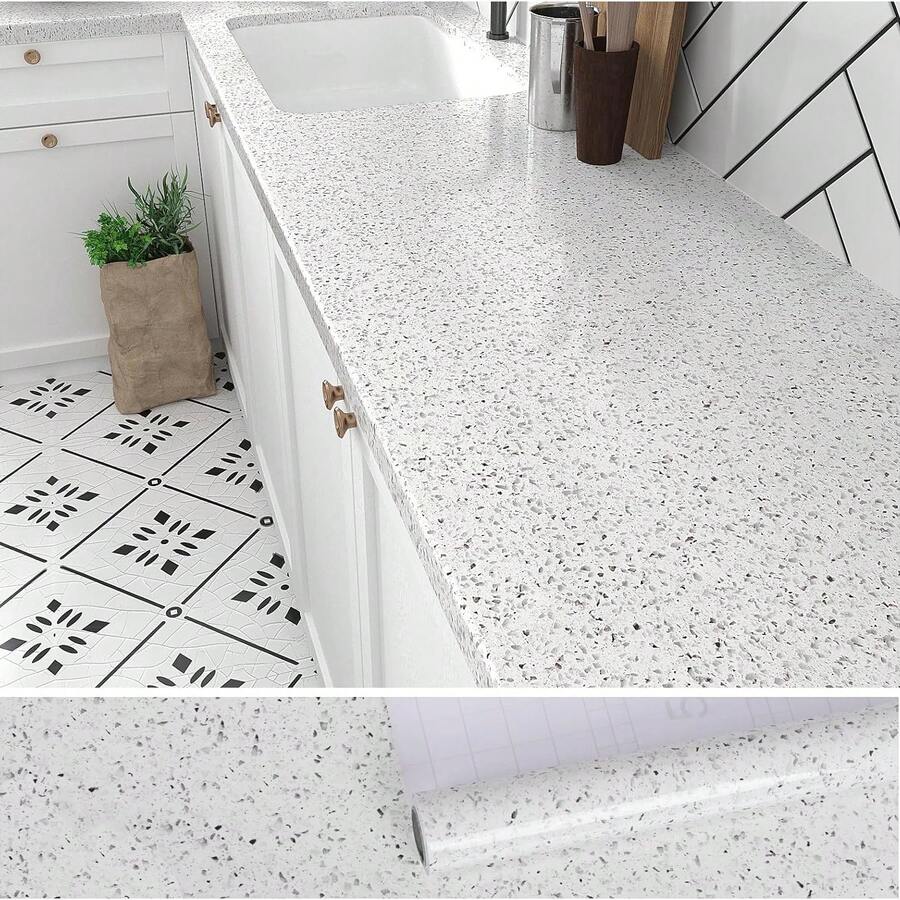 1 Roll Self-Adhesive White Granite Wallpaper, 15.7inX39.3/118.1/196.8in, Waterproof Removable Marble Gloss Vinyl Contact Paper, Suitable For Kitchen, Bathroom, Cabinet, Countertop, Tabletop, Drawer Lining, Decoration
