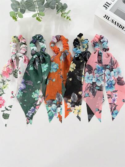 5pcs Spring/Summer Fashion Women Tie-Dye Floral Print Chiffon Scrunchies, Ponytail Holder Hair Accessories, Suitable For Beach, Daily Outings, Elegant Bohemian Style