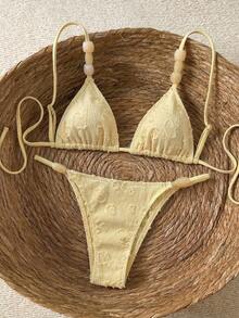 Bikinx Fashionable & Cute Women's Bikini Set, Made Of High Elasticity Textured Fabric, Spaghetti Strap Design, High-Waisted Tie Bottom, Suitable For Casual Daily Wear Vacation - Yellow - View 8