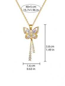 1 Piece Of Elegant Butterfly Pendant With Tassels, Gold Plated, Crystal Chain, Sparkling Cubic Zirconia, Suitable For Young Women, Accessory, Birthday Or Valentine's Day Gift. - 蝴蝶流蘇項鍊,全身鑲嵌鑽石和微鑲寶石 - 查看 7