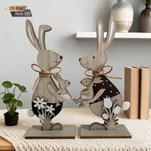 2D Wooden Mother & Baby Rabbit Figurine, Easter Bunny Desktop Decor, Warm Home Decoration For Spring - View 1