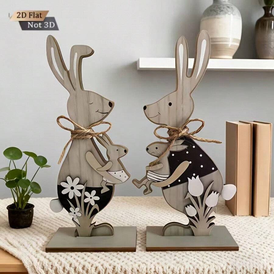 2D Wooden Mother & Baby Rabbit Figurine, Easter Bunny Desktop Decor, Warm Home Decoration For Spring - View 1