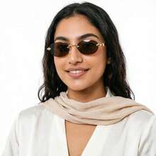 1 Pair Small Oval Frameless Fashion Glasses, Metal Letter Decor, Personalized Retro Style, Versatile Elegant Women's , Suitable For Daily Wear, Street Photography, Vacation, Beach And Other Occasions - Brown - View 2